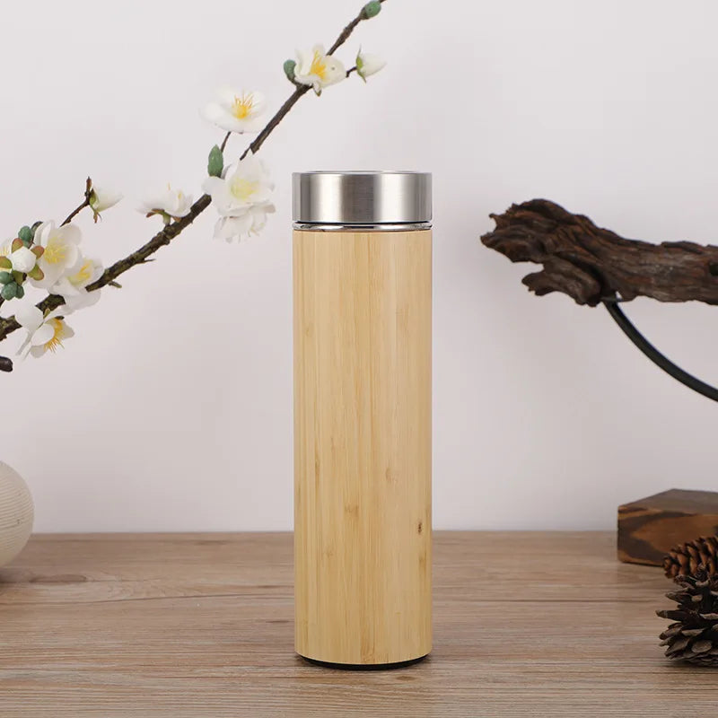 Display Bamboo Stainless Steel Thermos Water Bottle Flip Lid Eco-Friendly Cup