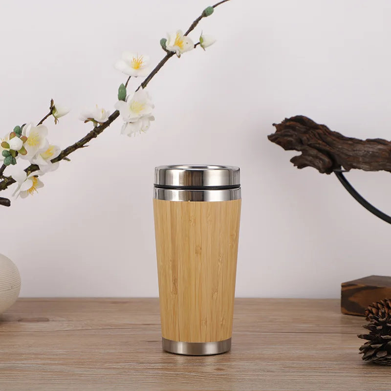 Display Bamboo Stainless Steel Thermos Water Bottle Flip Lid Eco-Friendly Cup