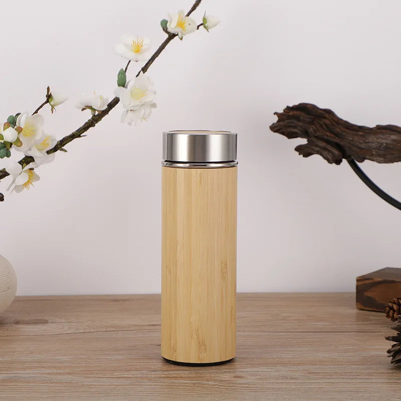 Display Bamboo Stainless Steel Thermos Water Bottle Flip Lid Eco-Friendly Cup