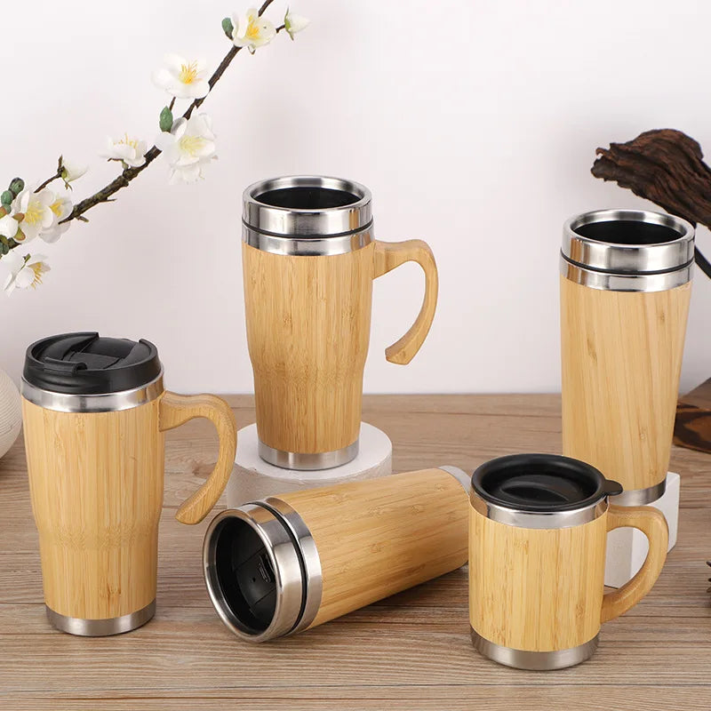 Display Bamboo Stainless Steel Thermos Water Bottle Flip Lid Eco-Friendly Cup