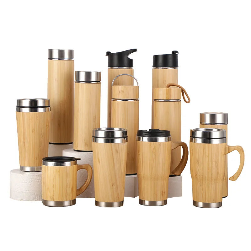 Display Bamboo Stainless Steel Thermos Water Bottle Flip Lid Eco-Friendly Cup