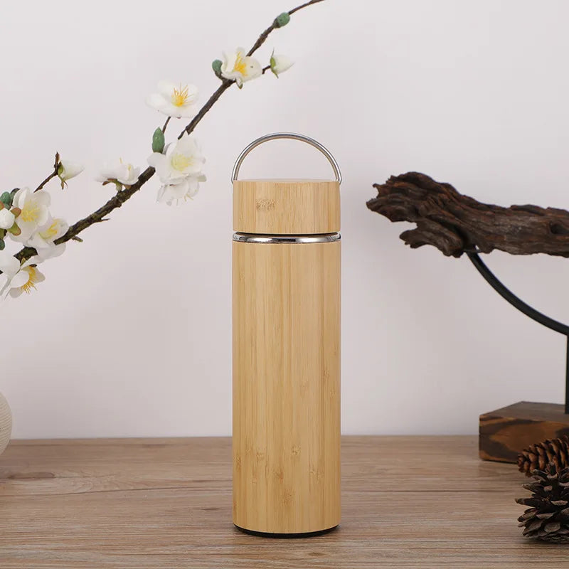 Display Bamboo Stainless Steel Thermos Water Bottle Flip Lid Eco-Friendly Cup