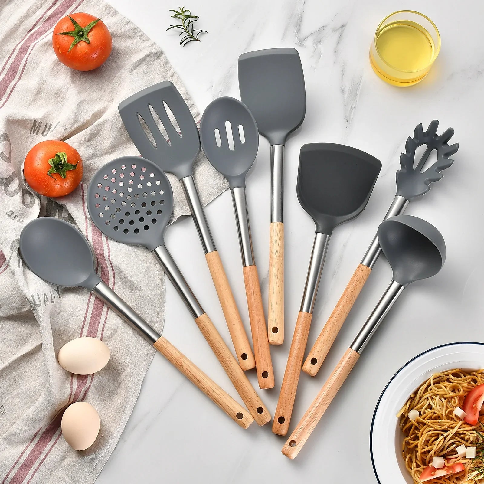 8Pcs Silicone Kitchenware Set Non-Stick Wooden Handle