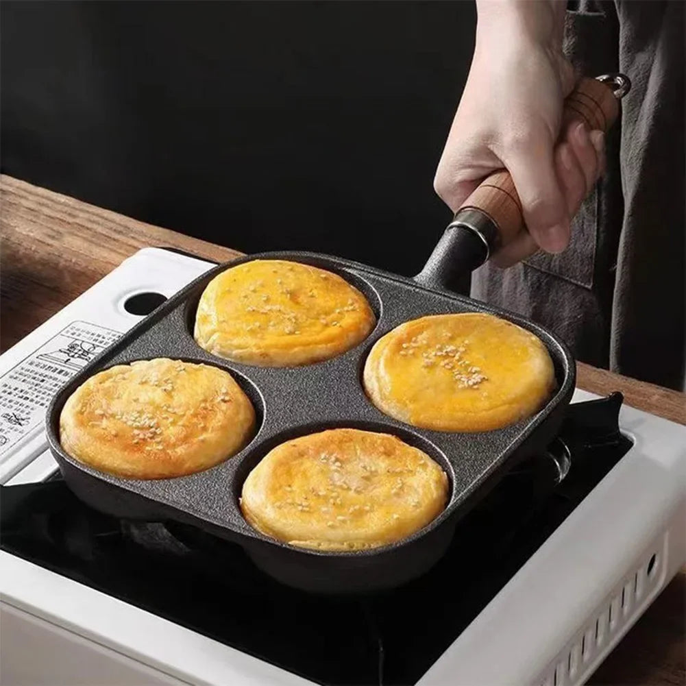 4-Hole Egg Frying Pan Wooden Handle Non Stick Frying Pot