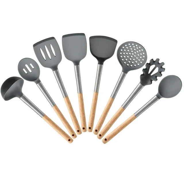 8Pcs Silicone Kitchenware Set Non-Stick Wooden Handle