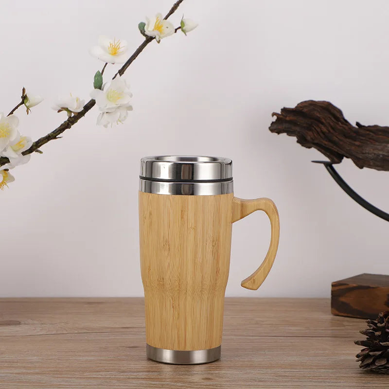 Display Bamboo Stainless Steel Thermos Water Bottle Flip Lid Eco-Friendly Cup