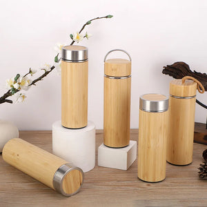 Display Bamboo Stainless Steel Thermos Water Bottle Flip Lid Eco-Friendly Cup